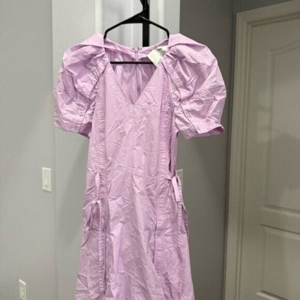 3.1 Phillip Lim Puff Sleeve Side Tie Poplin Flare Dress Midi Length Purple Read• - Picture 3 of 9
